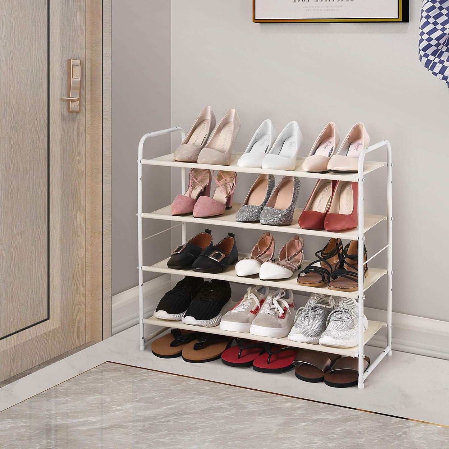 4 Tier Stackable Shoe Rack, Expandable & Adjustable Fabric Shoe Shelf Storage Organizer, White
