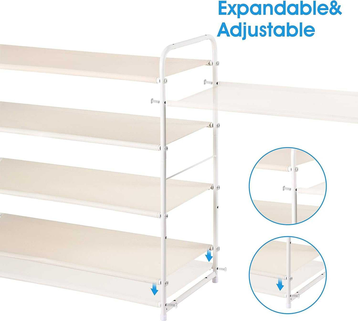 4 Tier Stackable Shoe Rack, Expandable & Adjustable Fabric Shoe Shelf Storage Organizer, White