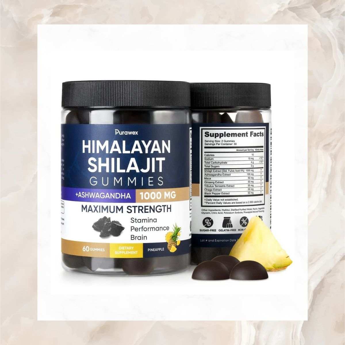 Himalayan Shilajit Gummies 1000mg with Ashwagandha for daily wellness, vitality, and stress relief.