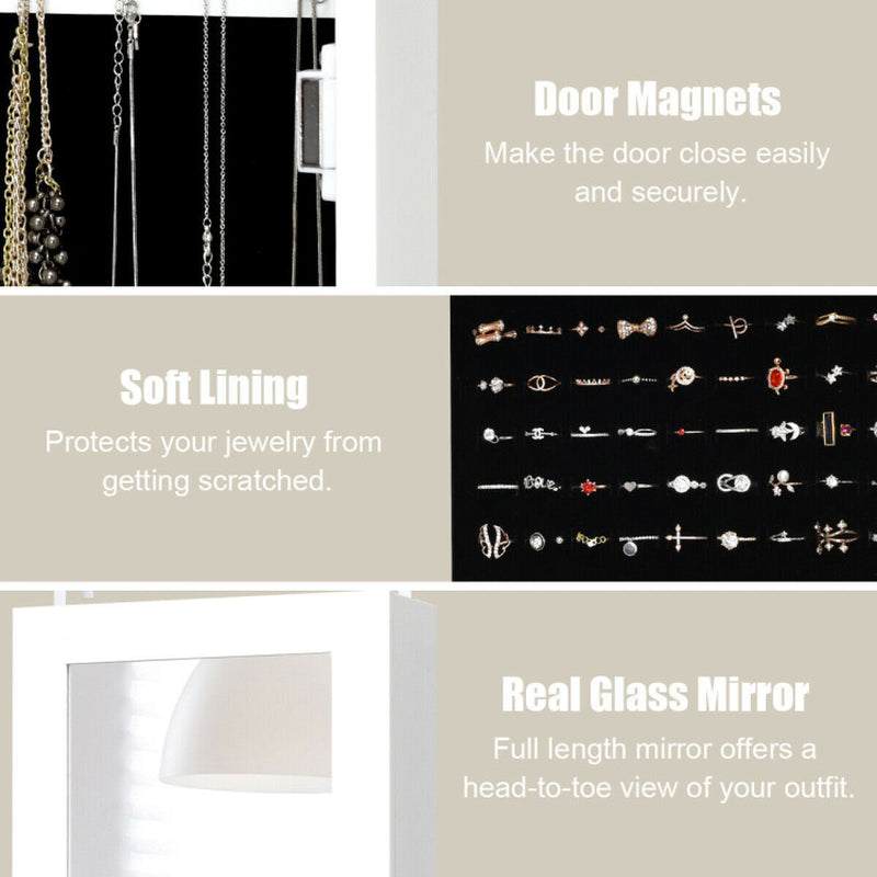 Wall and Door Mirrored Jewelry Cabinet with LED Light