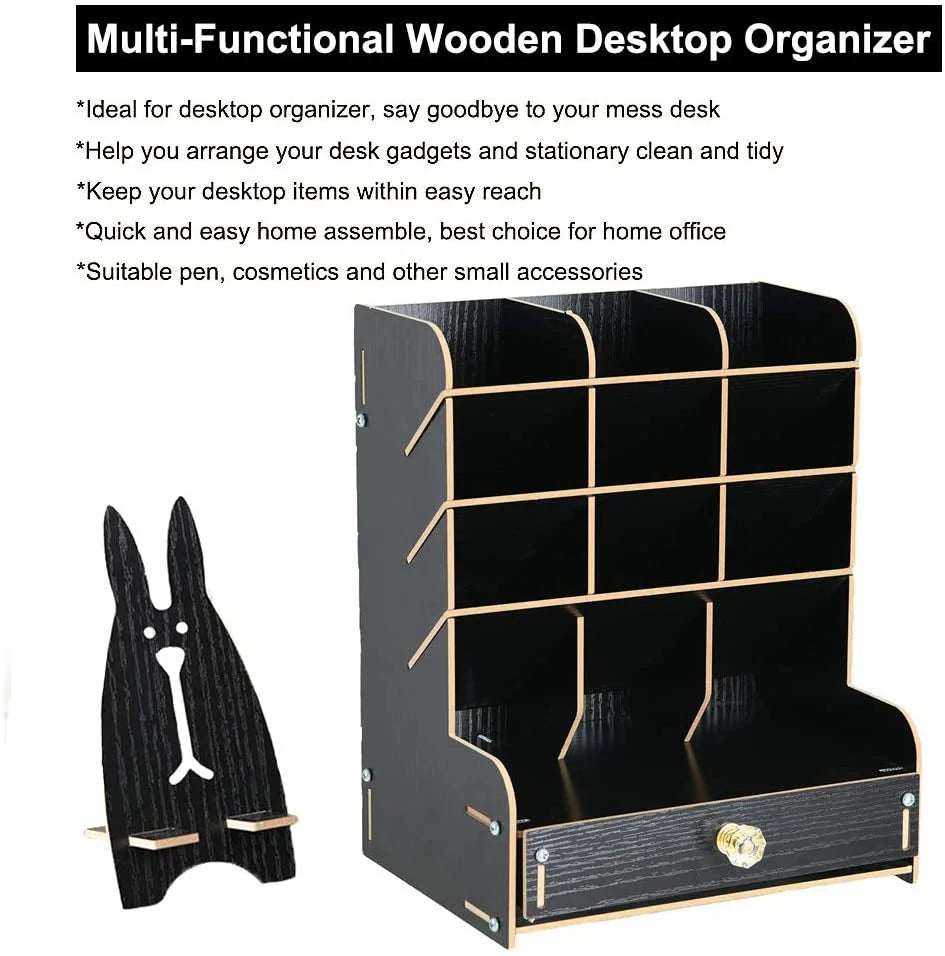 Wooden Desk Organizer, Multi-Functional Supply Storage Rack with Drawer