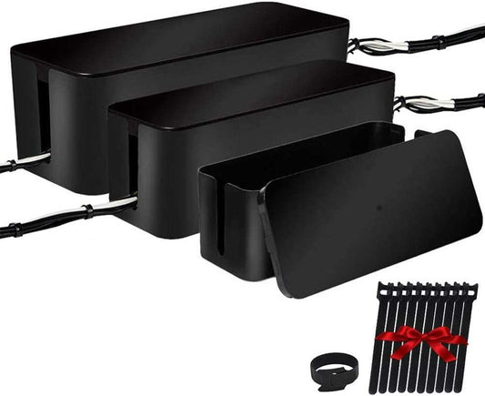 [Set of Three] Cable Management Boxes Organizer, Large Storage Wires Keeper Holder for Desk, TV, Computer, USB Hub, System to Cover and Hide & Power Strips & Cords (Black)