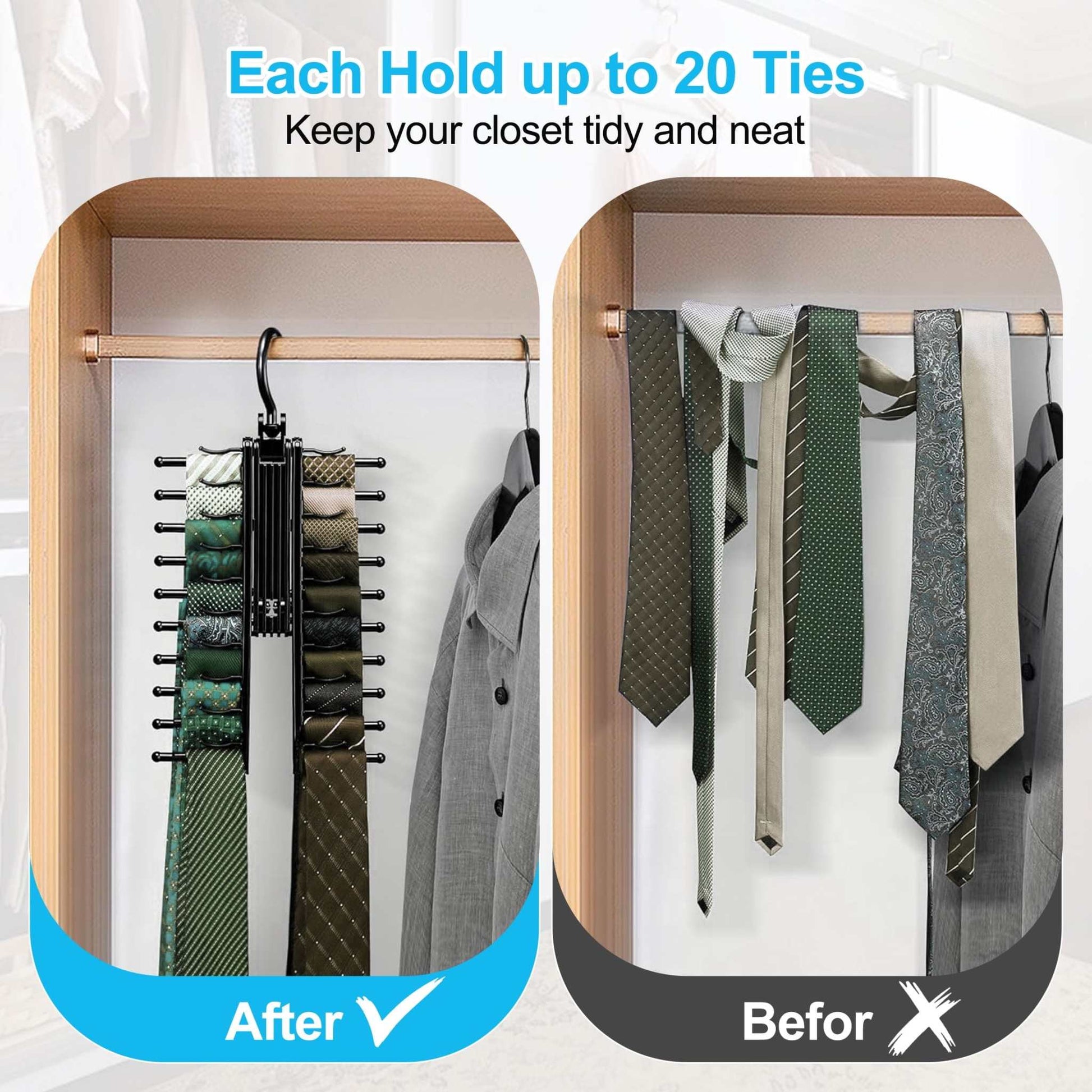 Tie Rack Hanger,  Tie Rack Holder with 20 Hooks Non-Slip Clips, 360 Degree Swivel, Space Saving Plastic Tie Organizer