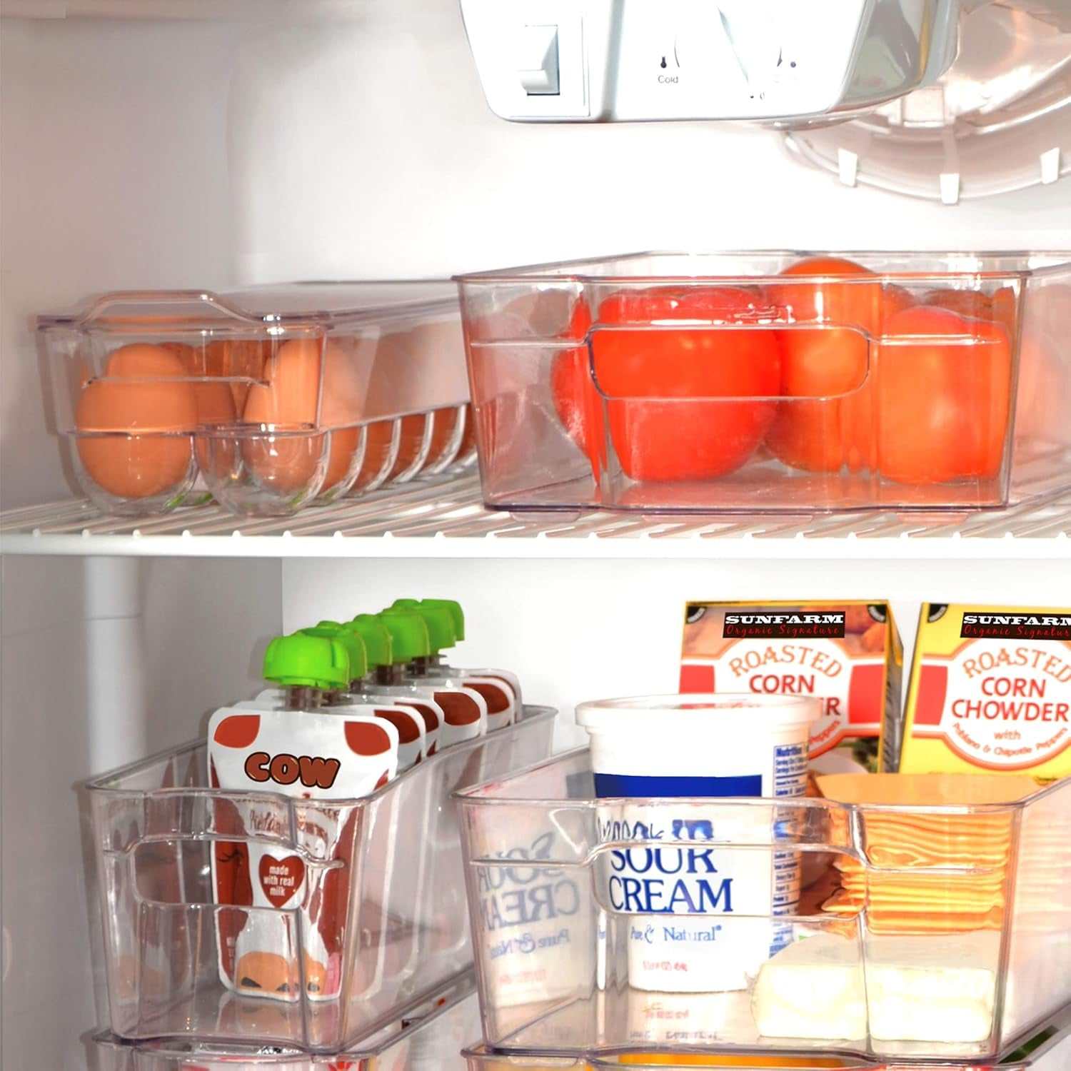 Stackable Refrigerator Egg Holder Bin with Handle and Lid - BPA Free Plastic - Fridge Drawer, Freezer Tray, Kitchen Pantry Storage Container Organizer - 14.65 X 3.25 Inch - Clear