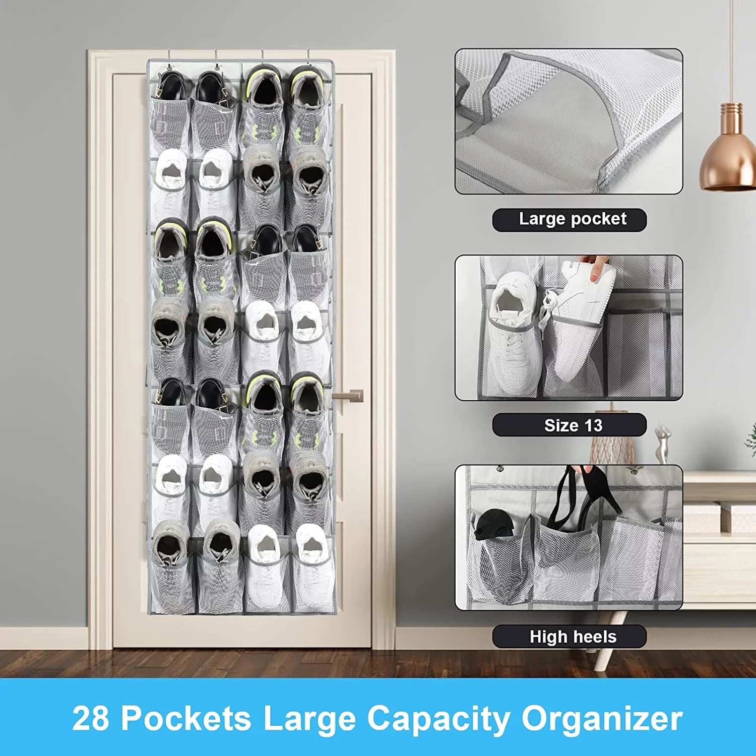 over the Door Shoe Organizer, 28 Large Mesh Pockets Hanging Shoe Organizer for Closet