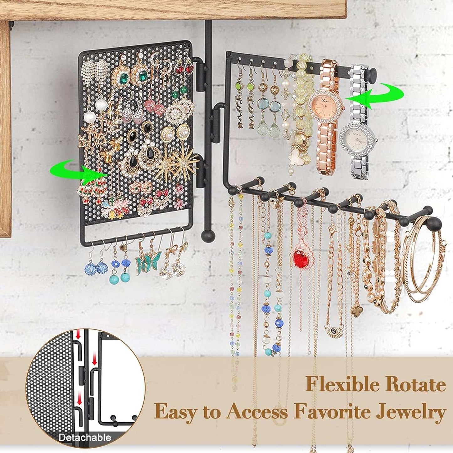 Hanging Jewelry Organizer Wall Mount with Rustic Wood Shelf, Ring Display Box, Ear Studs Earring Holder, Rotating Necklace Holder Organizer