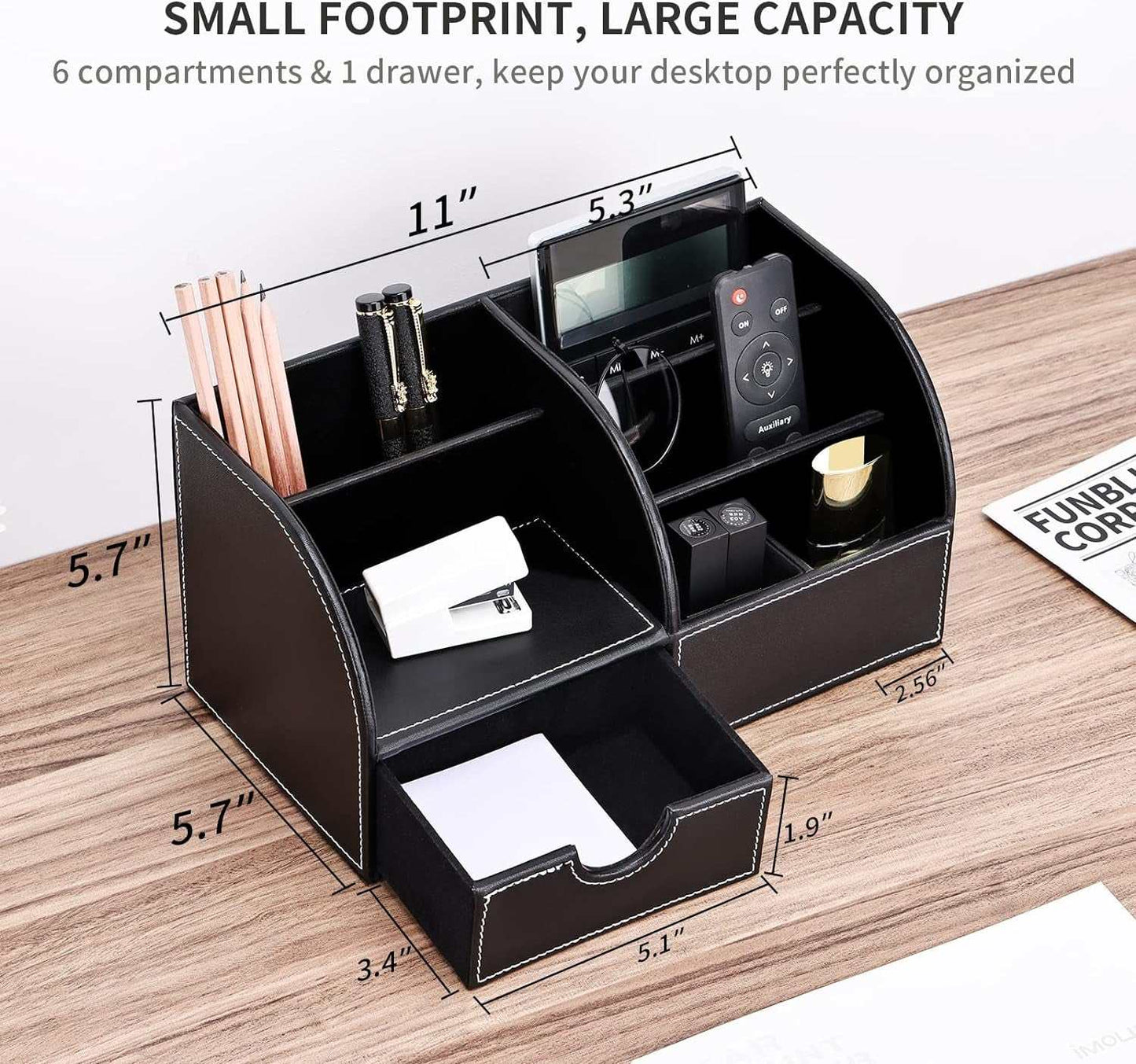 Pu Leather Desk Organizer Pen Pencil Holder Office Supplies Caddy Storage Box 6 Compartments with Drawer Black