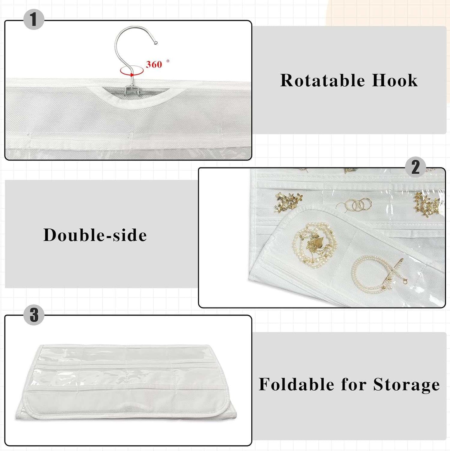 1-Pack Hanging Jewelry Organizer 80-Pocket Dual-Sided Jewelry Storage for Earring Necklace Bracelet Ring and More, White