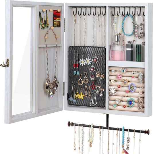 Wall Mounted Jewelry Organizer with Rustic Wood Large Space Jewelry Cabinet, Holder, Storage Box for Necklaces, Earrings, Bracelets, Ring Holder, and Accessories White