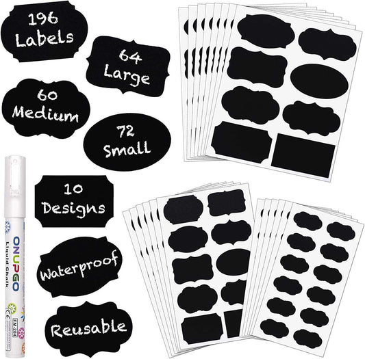 Chalkboard Labels Stickers Bulk - 196 Reusable Chalk Sticker Labels with Erasable Chalk Maker, Removable Waterproof Blackboard Labels for Containers, Glass, Mason Jar Labels