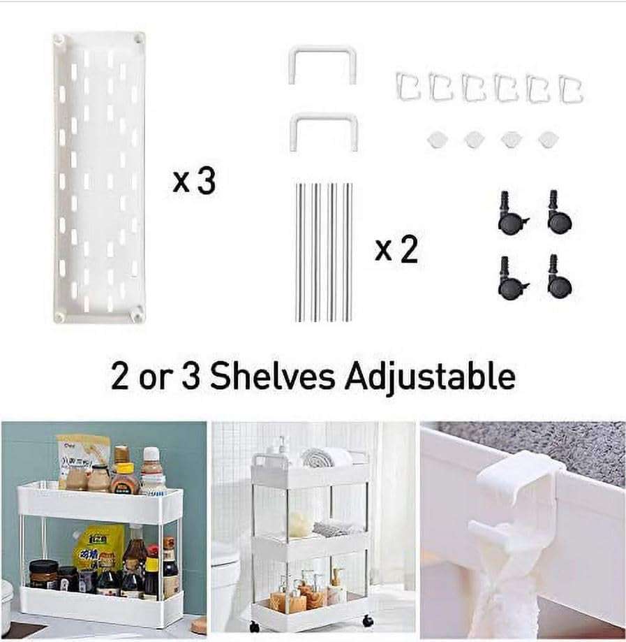 Rolling Storage Cart, 3 Tier Utility Cart Mobile Slide Out Organizer, Bathroom Standing Rack Shelving Unit Organizer for Kitchen, Bathroom, Laundry Room, White