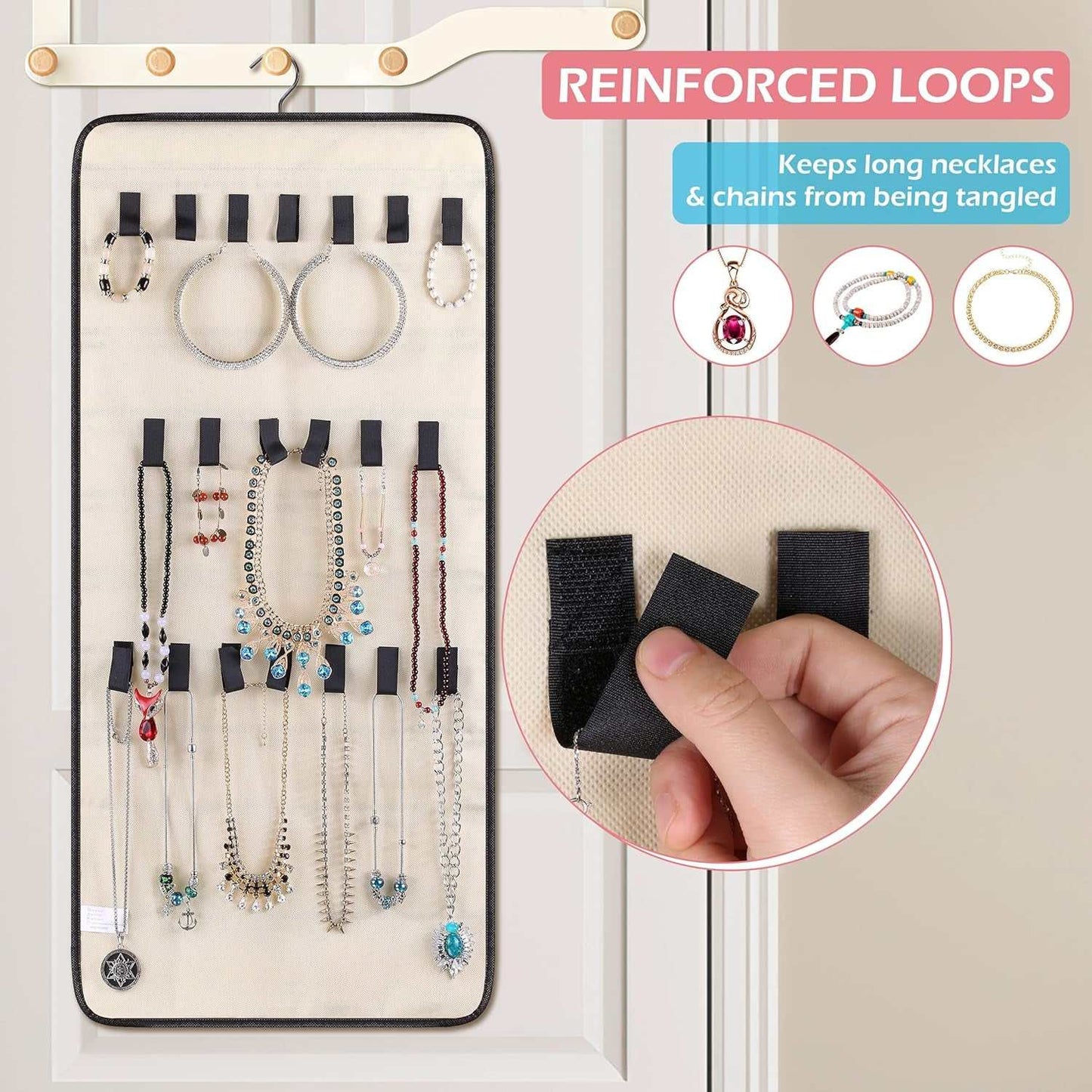 Dual-Sided Hanging Jewelry Organizer with 40 Pockets and 20 Hook & Loops Closet Necklace Holder for Earring Bracelet Ring Chain with Rotating Hanger, Beige