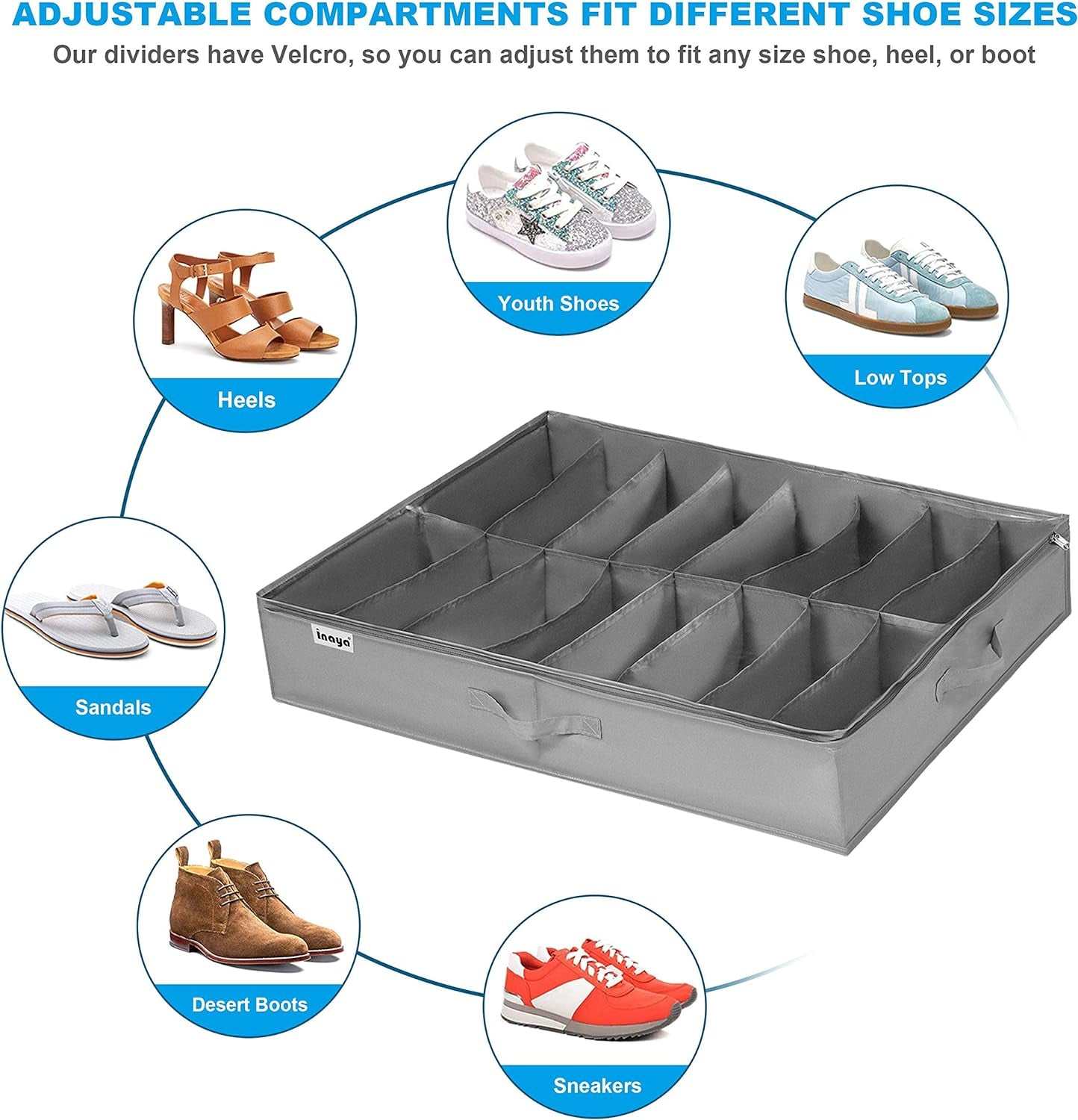 under Bed Shoe Storage Organizer Set of 2, Fits 32 Pairs, Underbed Shoe Box Storage Containers Adjustable Dividers W/Bottom Support Velcro, Clear Foldable Shoes Storage W/Reinforced Handles