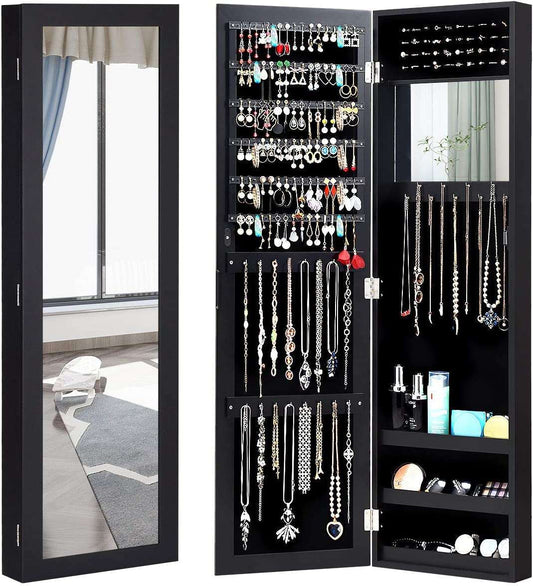 Jewelry Armoire Cabinet Wall Door Mounted with Full Length Mirror, Jewelry Organizer with Makeup Mirror, Ring Earring Slots, Necklace Hooks, Large Capacity Storage Jewelry Armoire (Black)