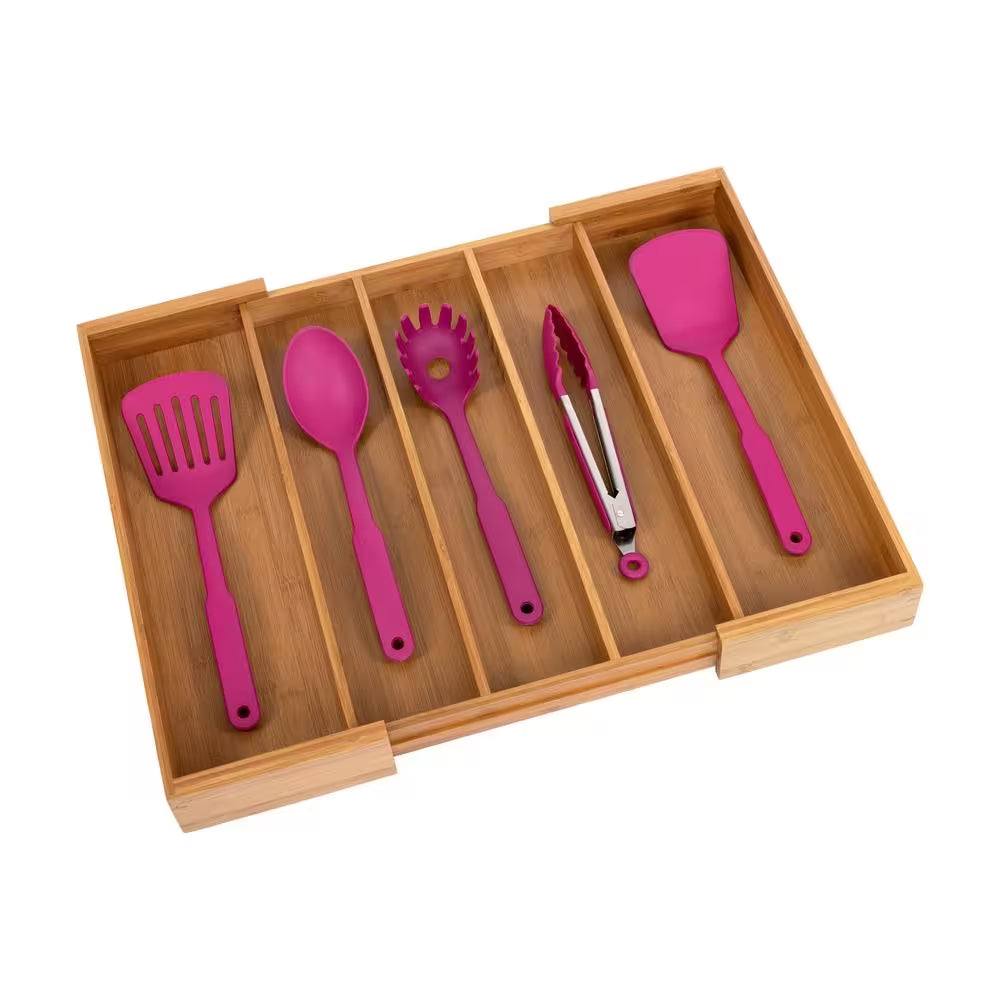 Bamboo Expandable 5 Large Compartment Adjustable Cutlery Drawer Tray Organizer