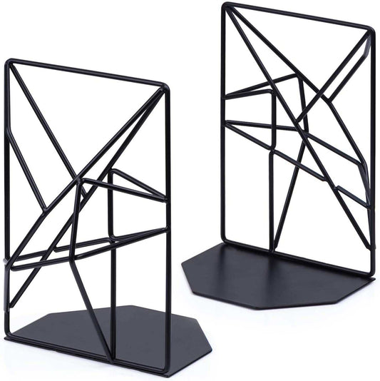 Bookends Black, Decorative Metal Book Ends Supports for Shelves, Unique Geometric Design(1 Pair/2 Pieces)