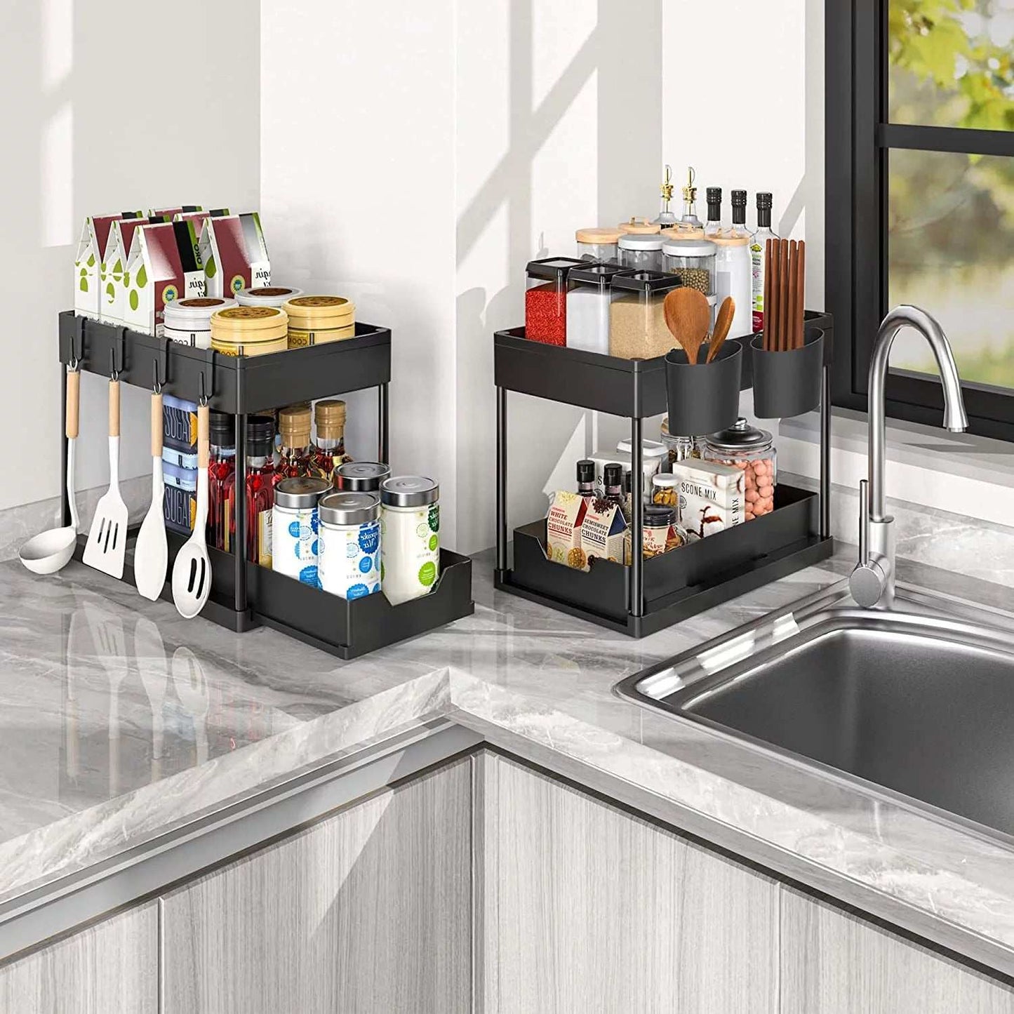 under Sink Organizer, 2 Tier Multi-Purpose Large Capacity Kitchen under Sink Organizers and Storage Easy Access Sliding Storage Drawer with Hooks and Hanging Cup for Bathroom under Sink