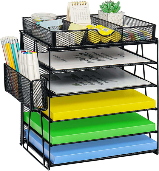 Desk Organizers, 5-Tier Paper Letter Tray Organizer with Pen Holder, Mesh Desktop File Organizer with Drawer, Desk Organizers and Accessories for Office School Supplies, Black