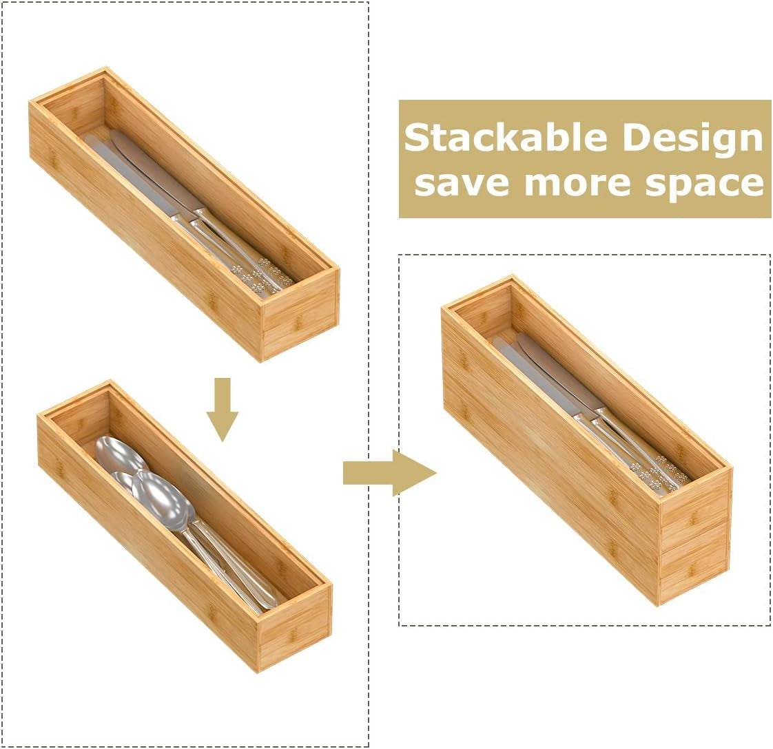 Bamboo Drawer Organizer Storage Box Kitchen - Wood Stackable Tray Set of 2 (12X3X2 Inch）