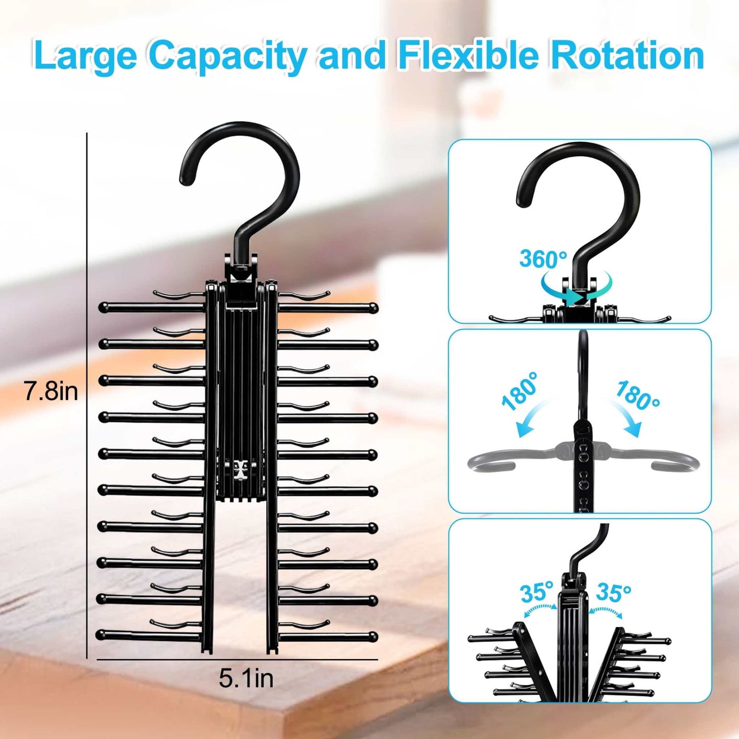 Tie Rack Hanger,  Tie Rack Holder with 20 Hooks Non-Slip Clips, 360 Degree Swivel, Space Saving Plastic Tie Organizer