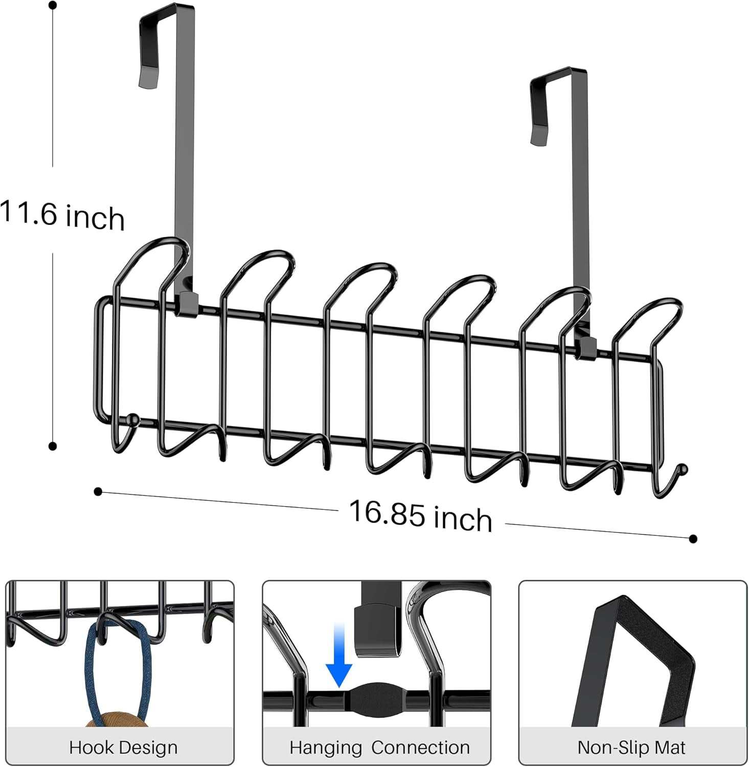 Coat Rack Wall Mounted Hook Rack over the Door Hook Organizer 13 Hooks, Heavy-Duty Iron Wire Black