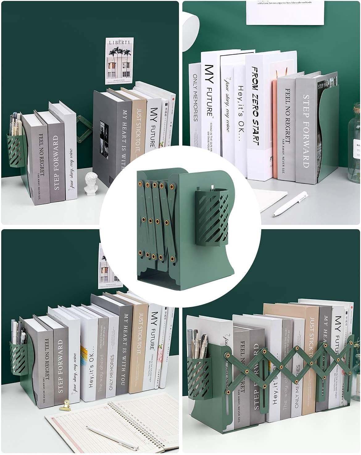 Adjustable Bookends Extra Long Telescopic Size Expandable Book End with Pen Holder, Metal Bookends Holder for Heavy Duty Books, Book Ends for Shelves & Office, Green