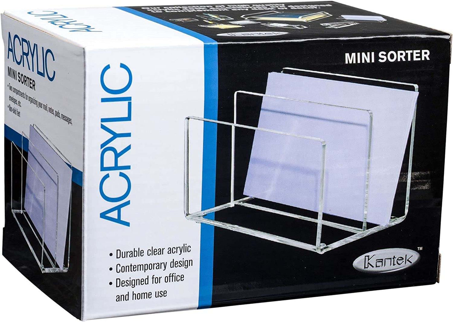 Clear Acrylic Mini File Sorter, 2 Section File Holder, 6" X 3.8" X 3.9", Desk Organizer, Non-Skid Feet, Desk Accessory