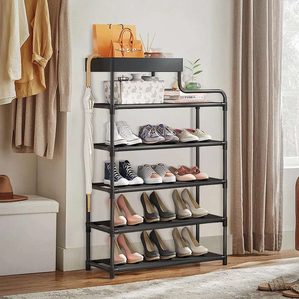 6-Tier Free Standing Shoe Rack, 39.7In Shoe Shelf, Entryway Shoe Organizer Storage Cabinet, with 5 Fabric Shelves and Storage Top for Bags or Shoes, Black