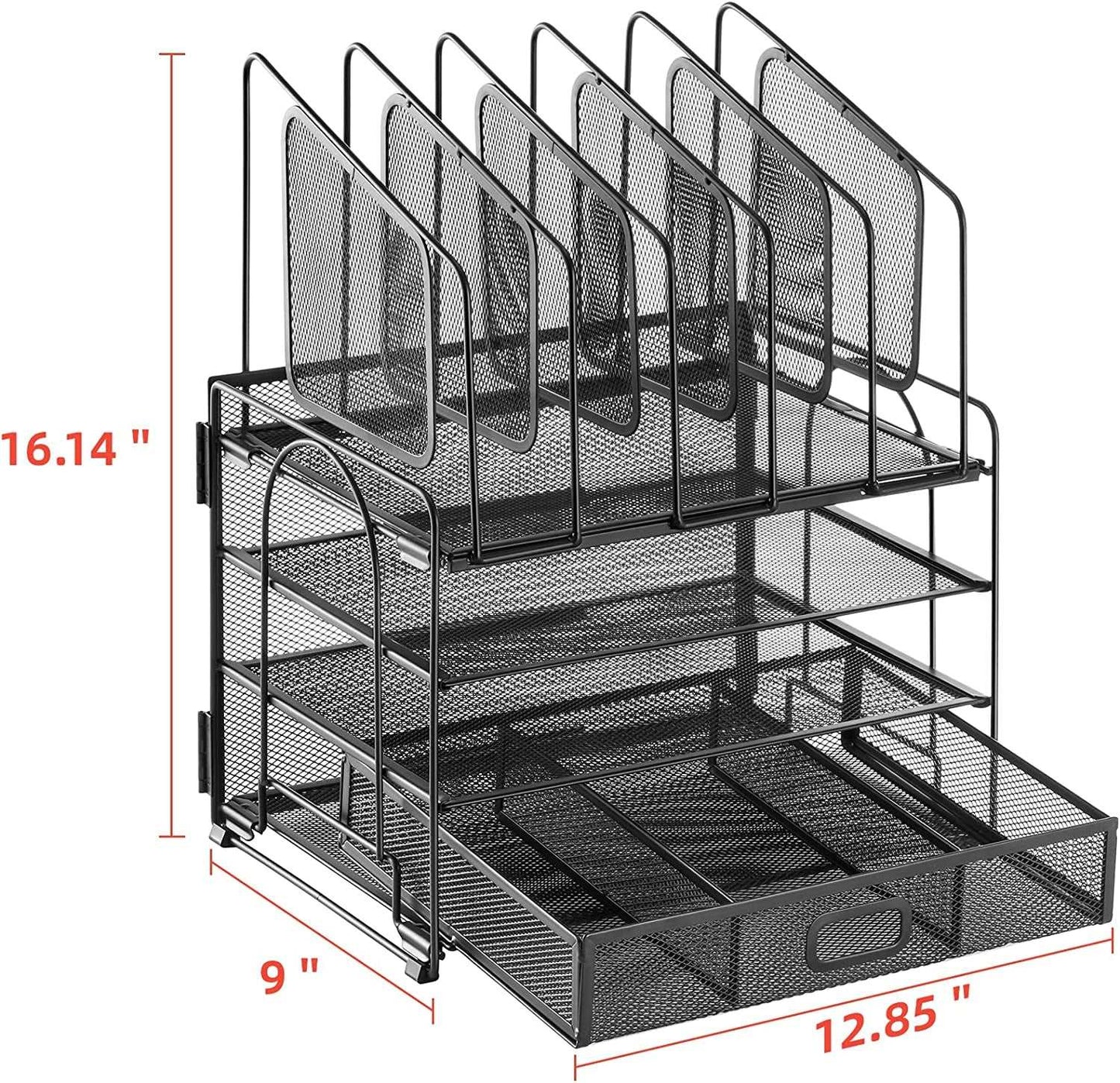 Desk Organizer with Drawer, 4-Tier Mesh Desk File Organizer with 5 Vertical File Holders and 2 Pen Holders, Multifunction Desktop Organizer