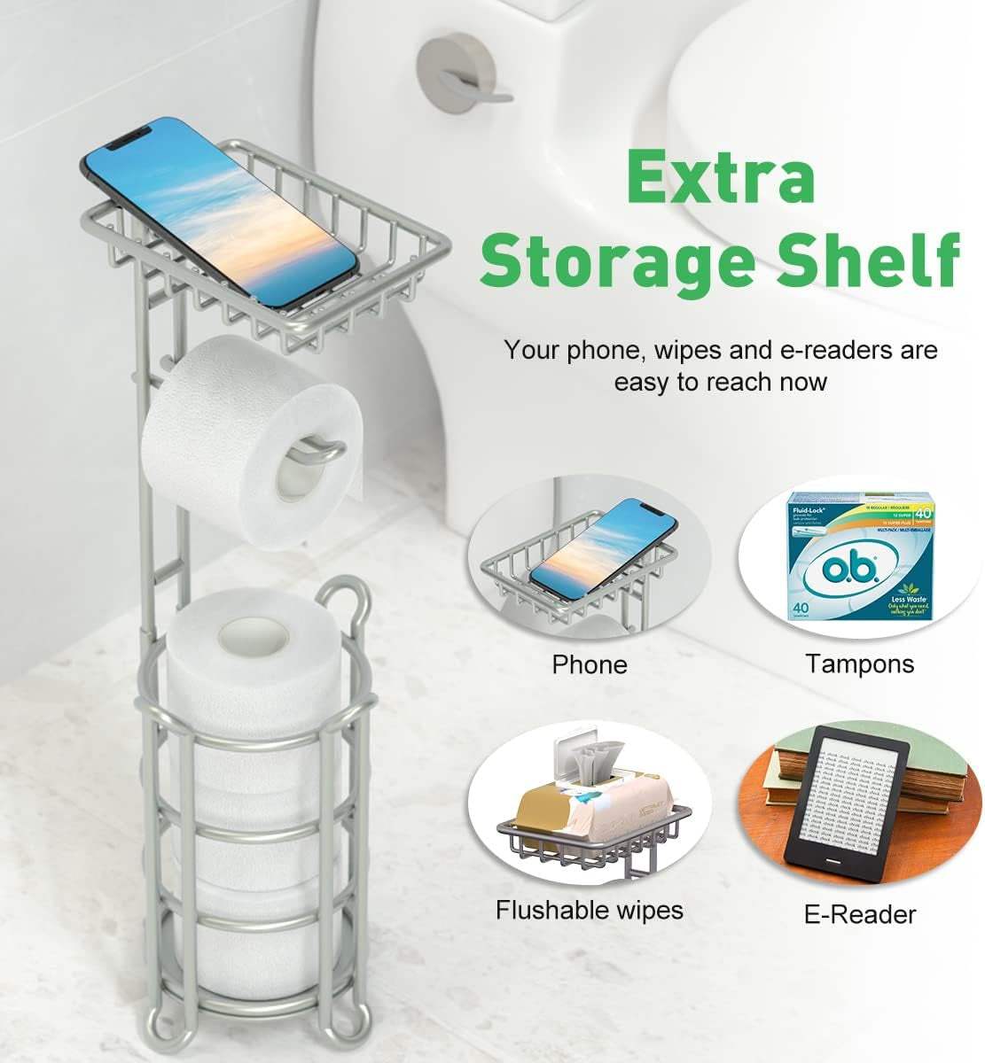 Toilet Paper Holder Stand Bathroom Tissue Dispenser Holders Rack Free Standing with Extra Shelf Storage Mega Rolls/Phone/Wipe - Silver