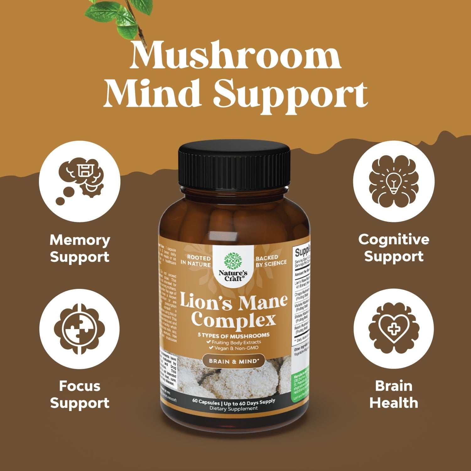 Advanced Lion'S Mane Mushroom Supplement - Lions Mane Supplement Capsules with 5X Fruiting Body Mushroom Complex with Chaga Maitake Shiitake and Reishi - Brain Booster Nootropic Supplement (60 Caps)