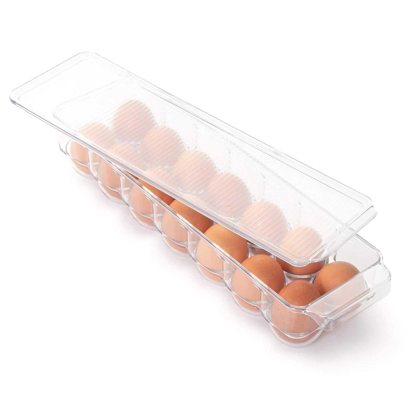 Stackable Refrigerator Egg Holder Bin with Handle and Lid - BPA Free Plastic - Fridge Drawer, Freezer Tray, Kitchen Pantry Storage Container Organizer - 14.65 X 3.25 Inch - Clear