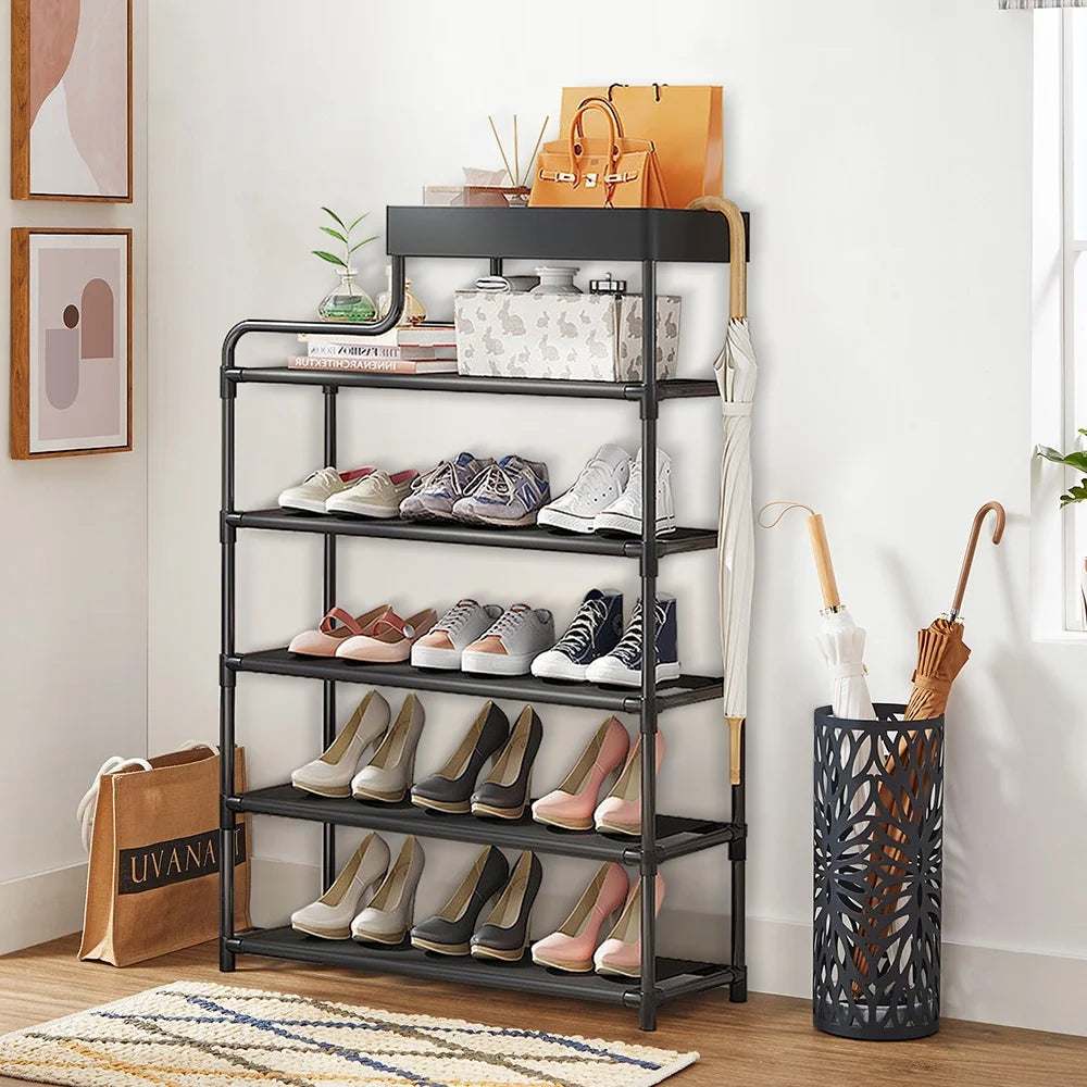 6-Tier Free Standing Shoe Rack, 39.7In Shoe Shelf, Entryway Shoe Organizer Storage Cabinet, with 5 Fabric Shelves and Storage Top for Bags or Shoes, Black