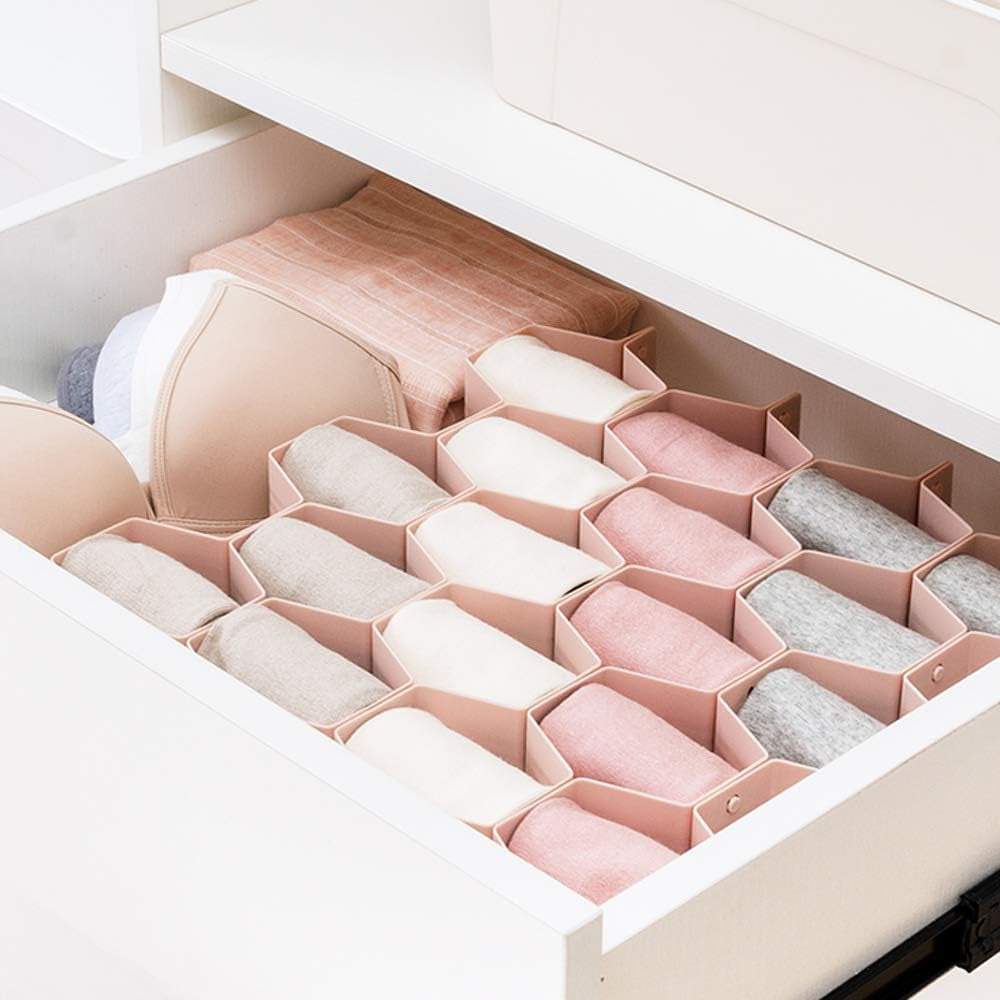 Drawer Divider Organizer Adjustable DIY Grid Honeycomb Drawer Divider for Underwear Belt Scarf Socks Pink