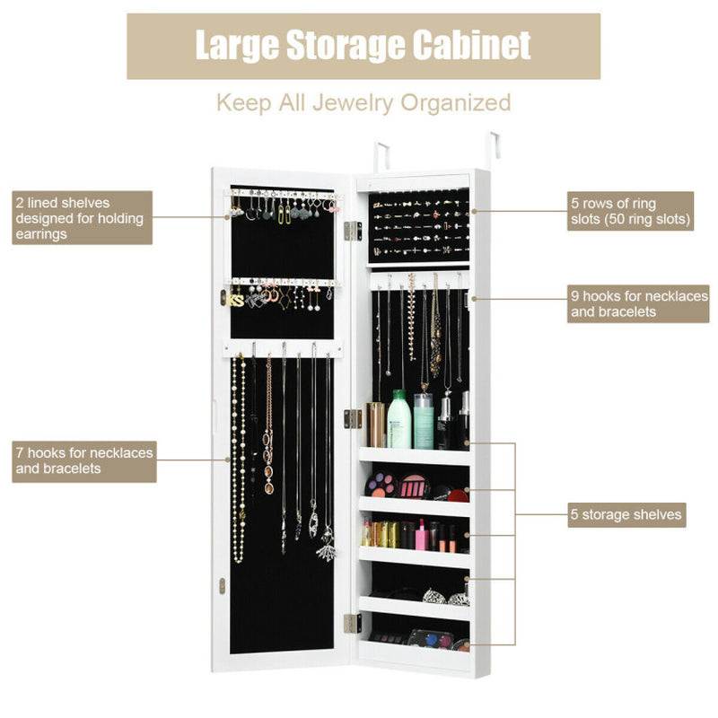 Wall and Door Mirrored Jewelry Cabinet with LED Light