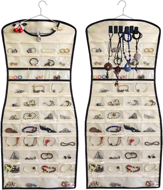 Hanging Jewelry Organizer,Dress-Like Double Side 84 Clear Pockets and 6 Hook Loops Storage for Holding Jewelries (Beige)