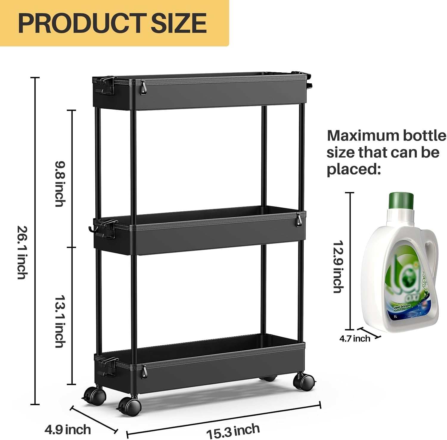 3-Tier Rolling Storage Cart Organizer for Kitchen/Bathroom