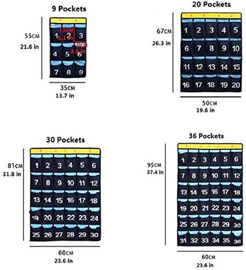 Numbered Pocket Chart over Door Hanging Classroom Org for Cell Phones Calculators Holders Blue (36 POCKETS)