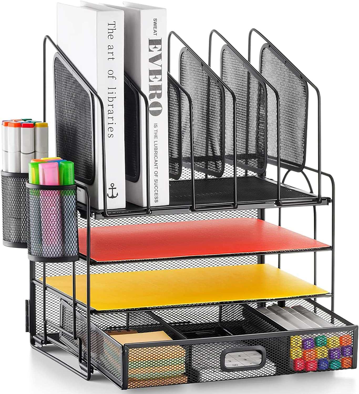 Desk Organizer with Drawer, 4-Tier Mesh Desk File Organizer with 5 Vertical File Holders and 2 Pen Holders, Multifunction Desktop Organizer