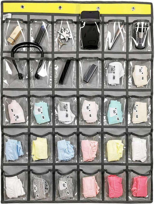 Classroom Pocket Chart for Phone Calculator Holder over the Door Hanging Closet Jewelry Org with 30 Clear Pockets (GREY)