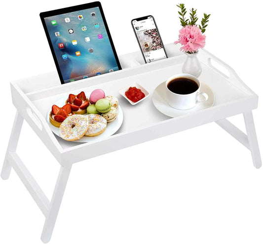 Bed Tray Table with Carrying Handles Folding Legs Bamboo White Lap Table Tray with Phone Holder, Rectangle Food Serving Trays for Eating on Bed, 20"X12", White