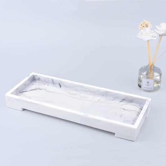 Vanity Tray Toilet Tank Tray, White Elegant Marble Pattern Bathtub Tray, Vanity Bathroom Organizer for Collect Small Things, Make-Up Desk Tray, Resin Dresser Jewelry Tray, Medium Size