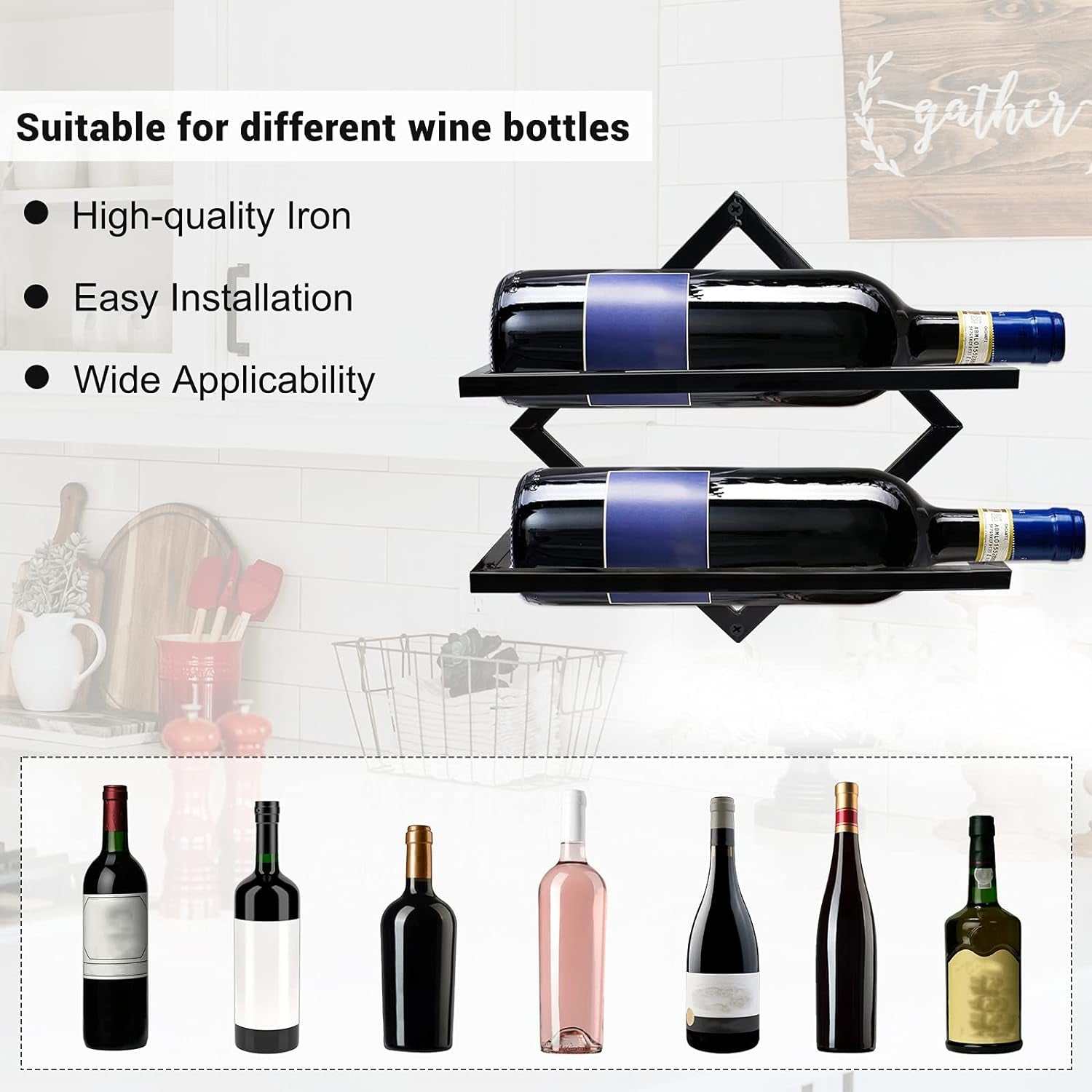 2Pcs Metal Wall Mounted Wine Holder, Upgrade Foldable Hanging Wall Wine Rack Organizer for 2 Liquor Bottles, Red Wine Bottle Display Hanger with Screws for Home Kitchen Bar Wall Décor…