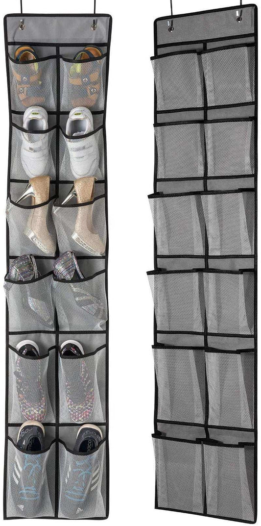 over the Door Shoe Organizer 2 Pack,Mesh Pockets Hanging Shoe Rack over the Door,Shoe Storage Closet with 4 Hooks,Washable and Breathable Fabic,Large Size 57.5×12.6Inch(Grey)