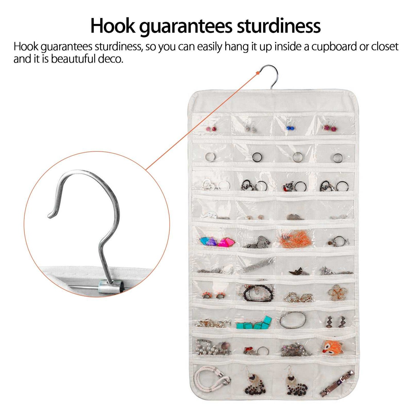 Hanging jewelry organizer with 80 clear pockets, double-sided, and sturdy metal hook for closet storage.