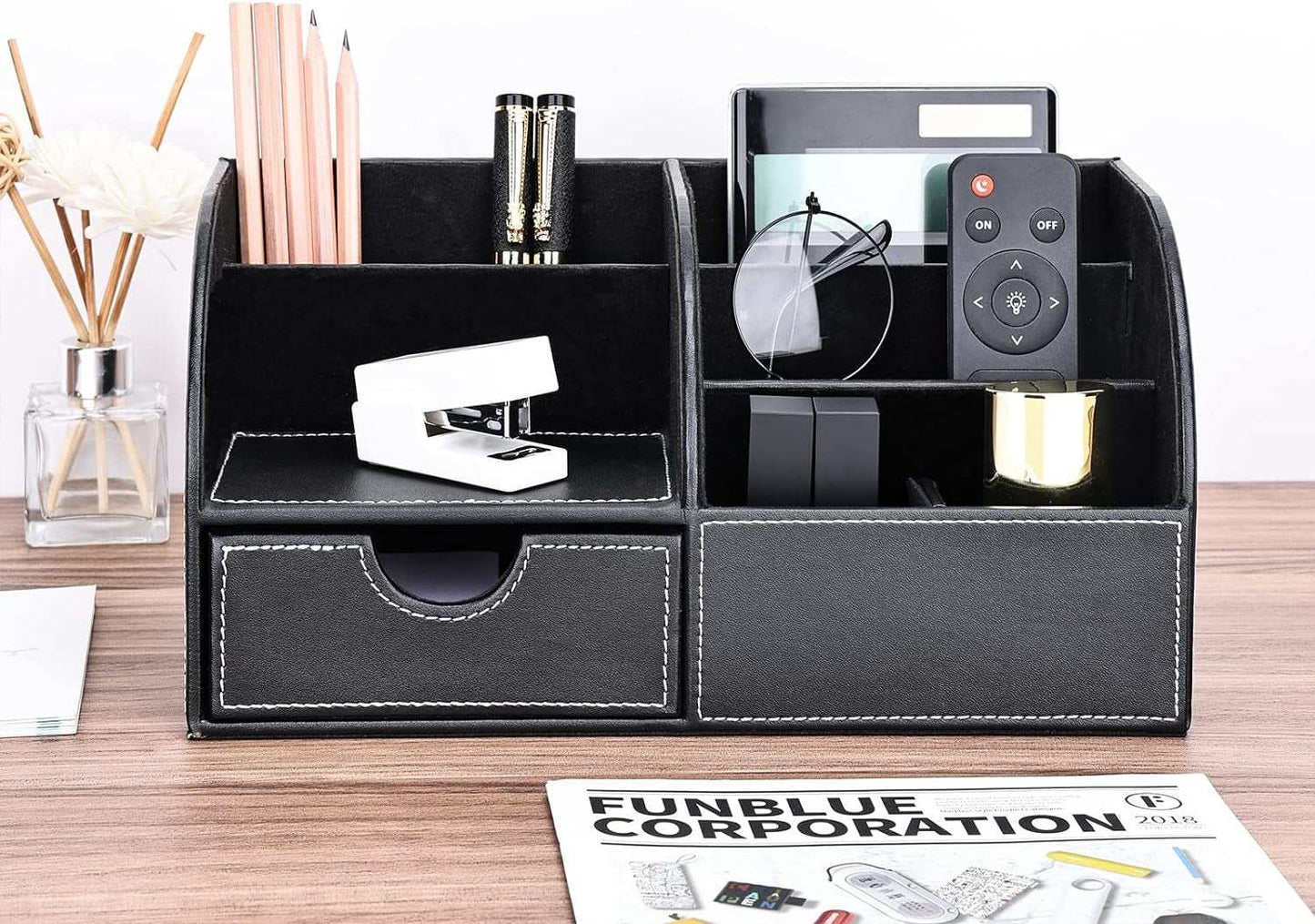 Pu Leather Desk Organizer Pen Pencil Holder Office Supplies Caddy Storage Box 6 Compartments with Drawer Black