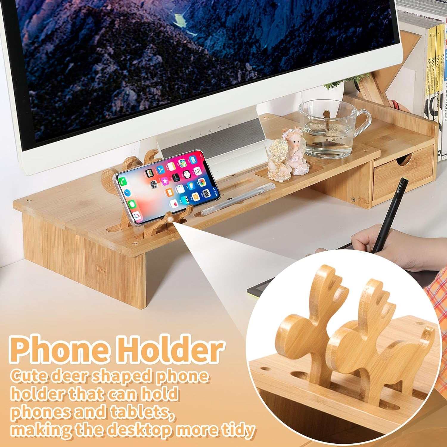 Monitor Stand Riser Desk Organizer-Bamboo 2 Tier Laptop Stand with Drawers, Adjustable Desktop Storage Organizer for Computer, Printer, Cellphone-Use in Office,Home /Reduce Neck &Eye Strain(Fawn)