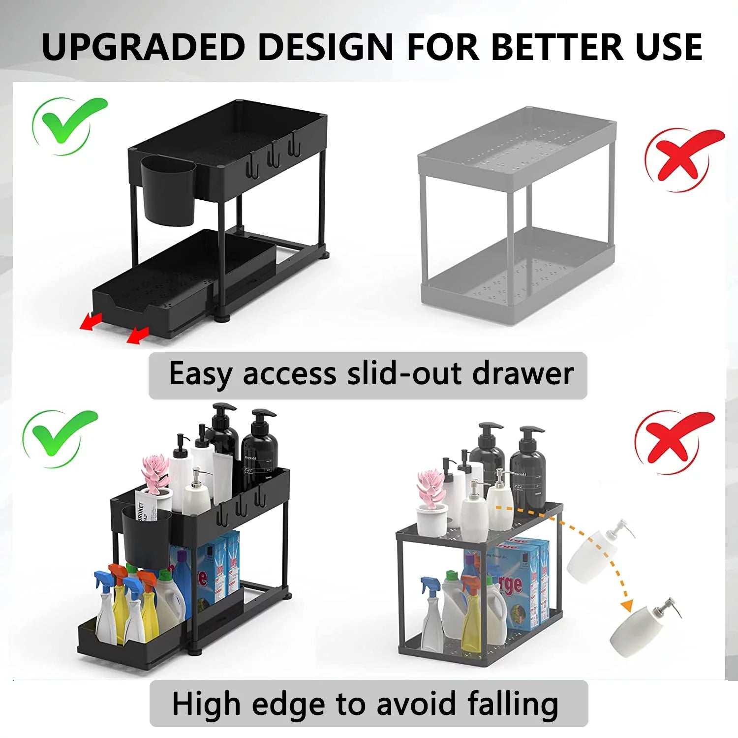 under Sink Organizer, 2 Tier Multi-Purpose Large Capacity Kitchen under Sink Organizers and Storage Easy Access Sliding Storage Drawer with Hooks and Hanging Cup for Bathroom under Sink