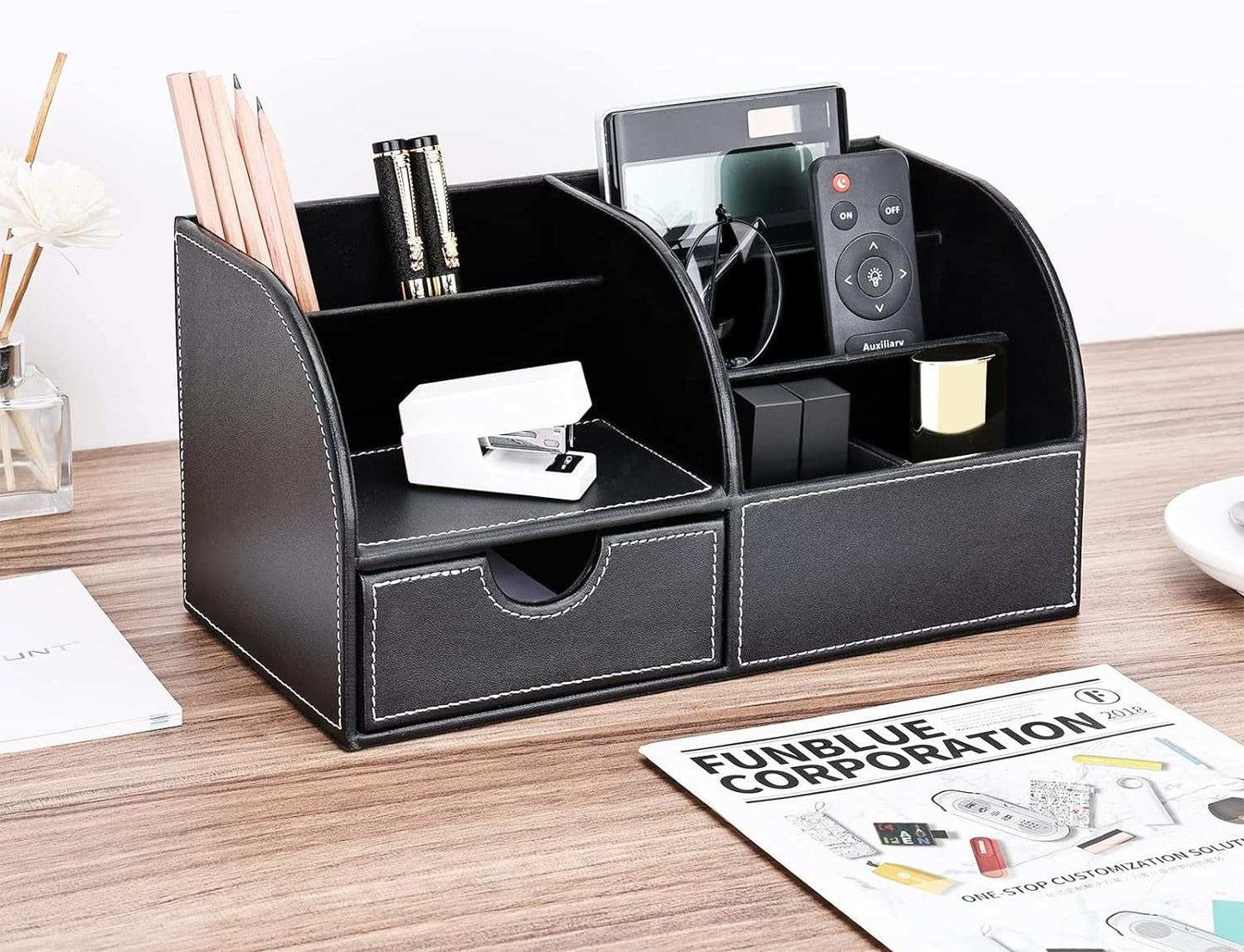 Pu Leather Desk Organizer Pen Pencil Holder Office Supplies Caddy Storage Box 6 Compartments with Drawer Black