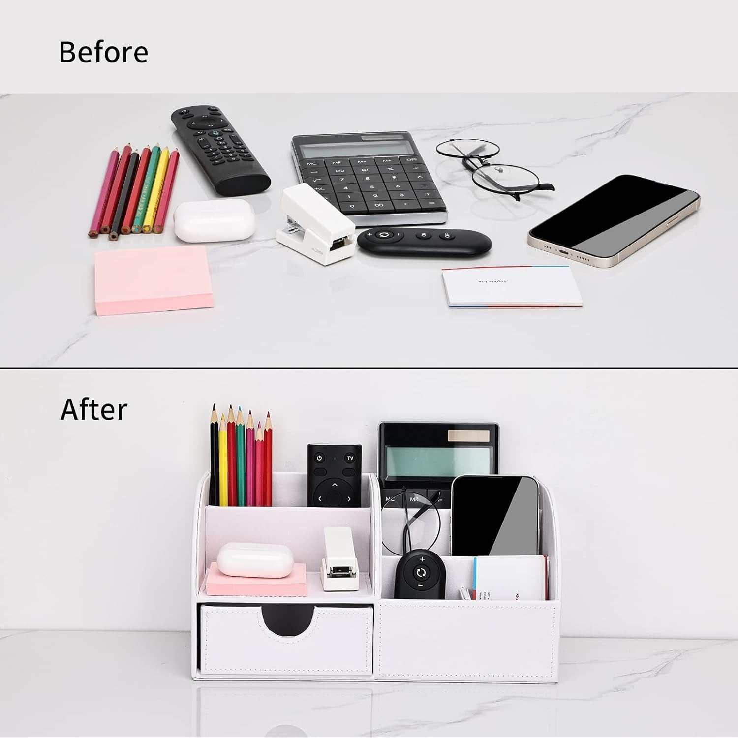 Pu Leather Desk Organizer Pen Pencil Holder Office Supplies Caddy Storage Box 6 Compartments with Drawer White (Full Pu Leather)